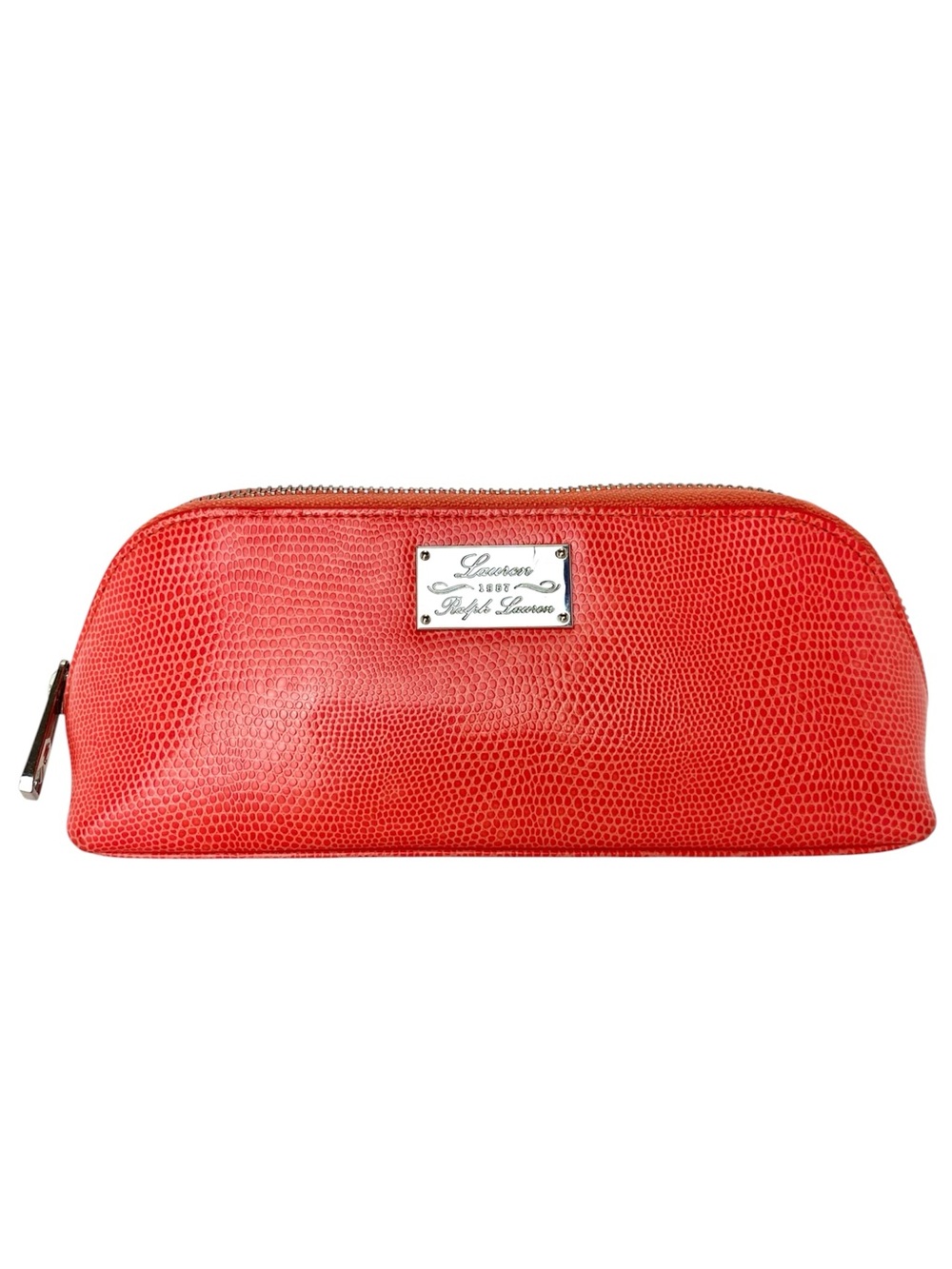 Lauren Ralph Lauren Coral Colored Leather Triangular Make-Up Case Silver Plaque